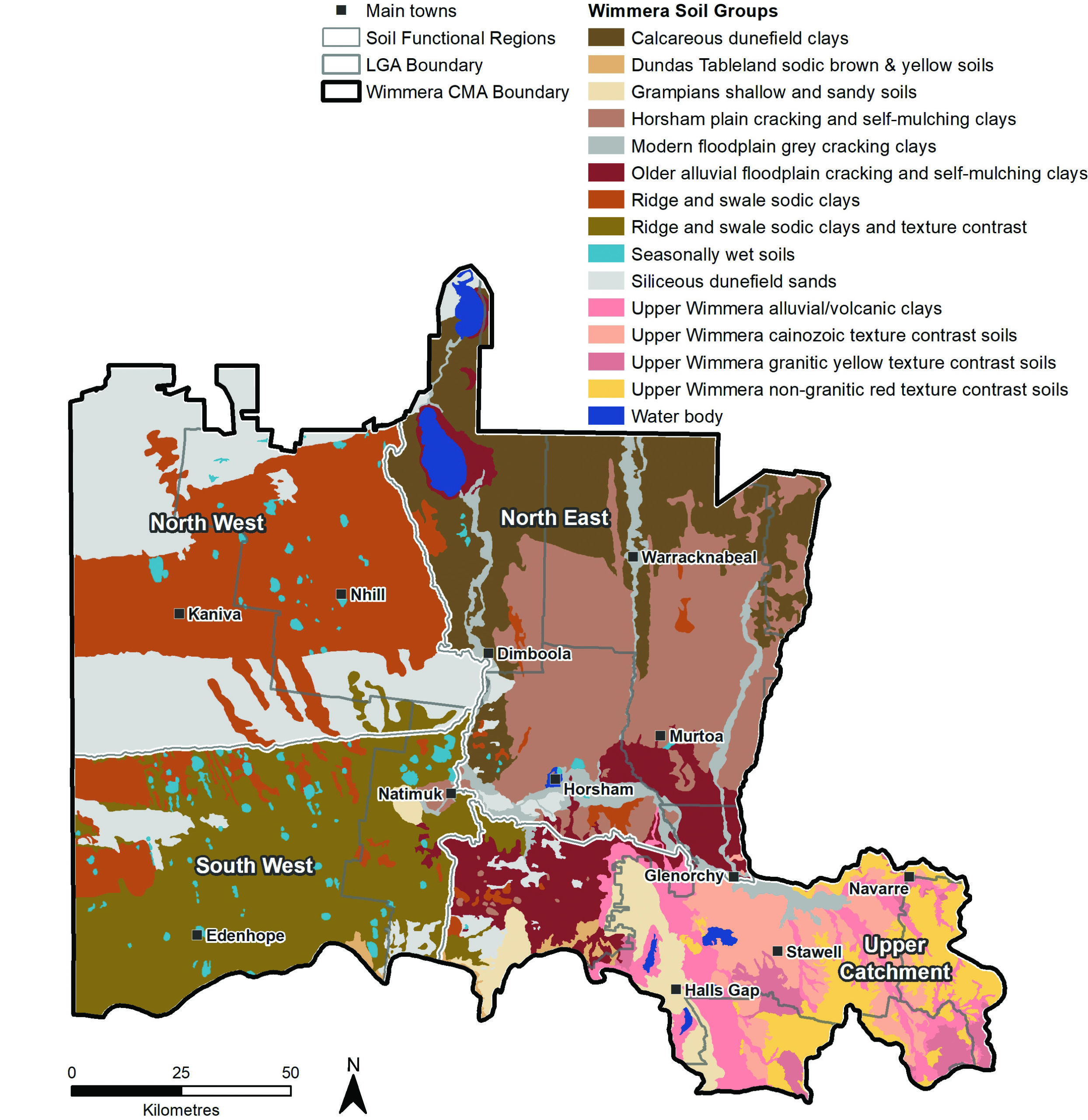 Map of Regional soil types grouped into four areas with common soil types and distinct landscape characteristics.