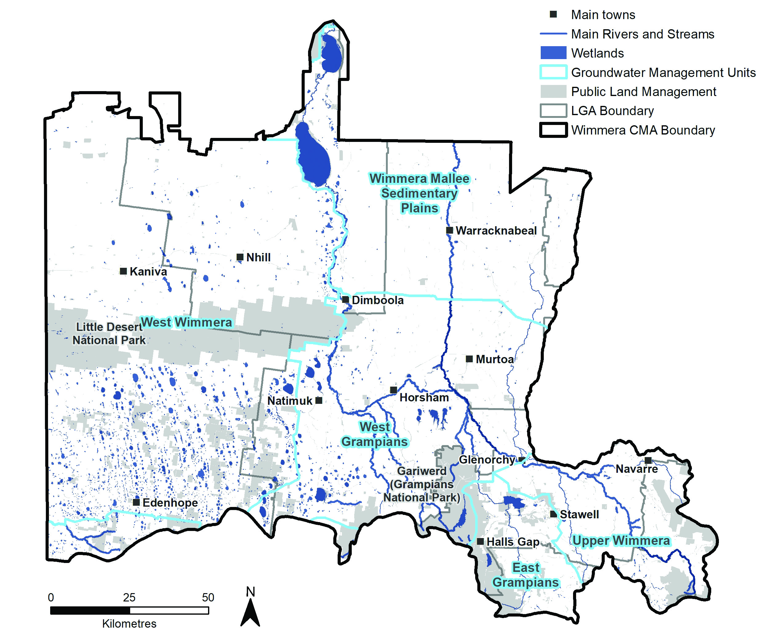 Figure 9: Wimmera groundwater zones.
There are 5 Groundwater Management Zones in the Wimmera; West Wimmera, Wimmera Mallee Sedimentary Plains, West Grampians, East Grampians and Upper Wimmera.