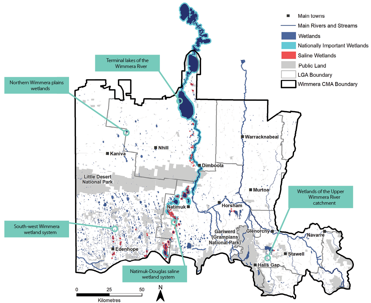 Map showing Wetlands and major wetland systems in the Wimmera